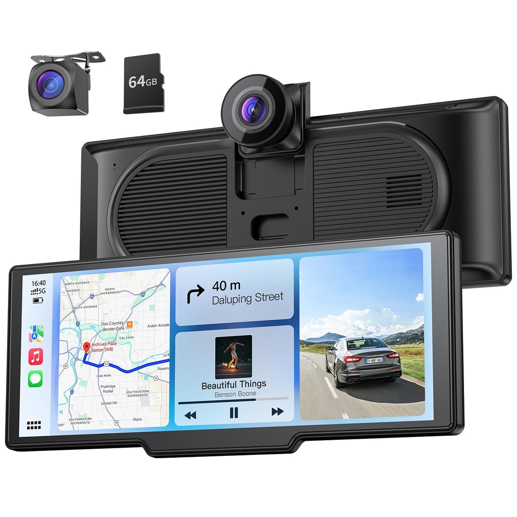 9.26" Wireless Portable Car Play Screen with 4K Front & HD Rear Dual Dash Cam for Apple Car