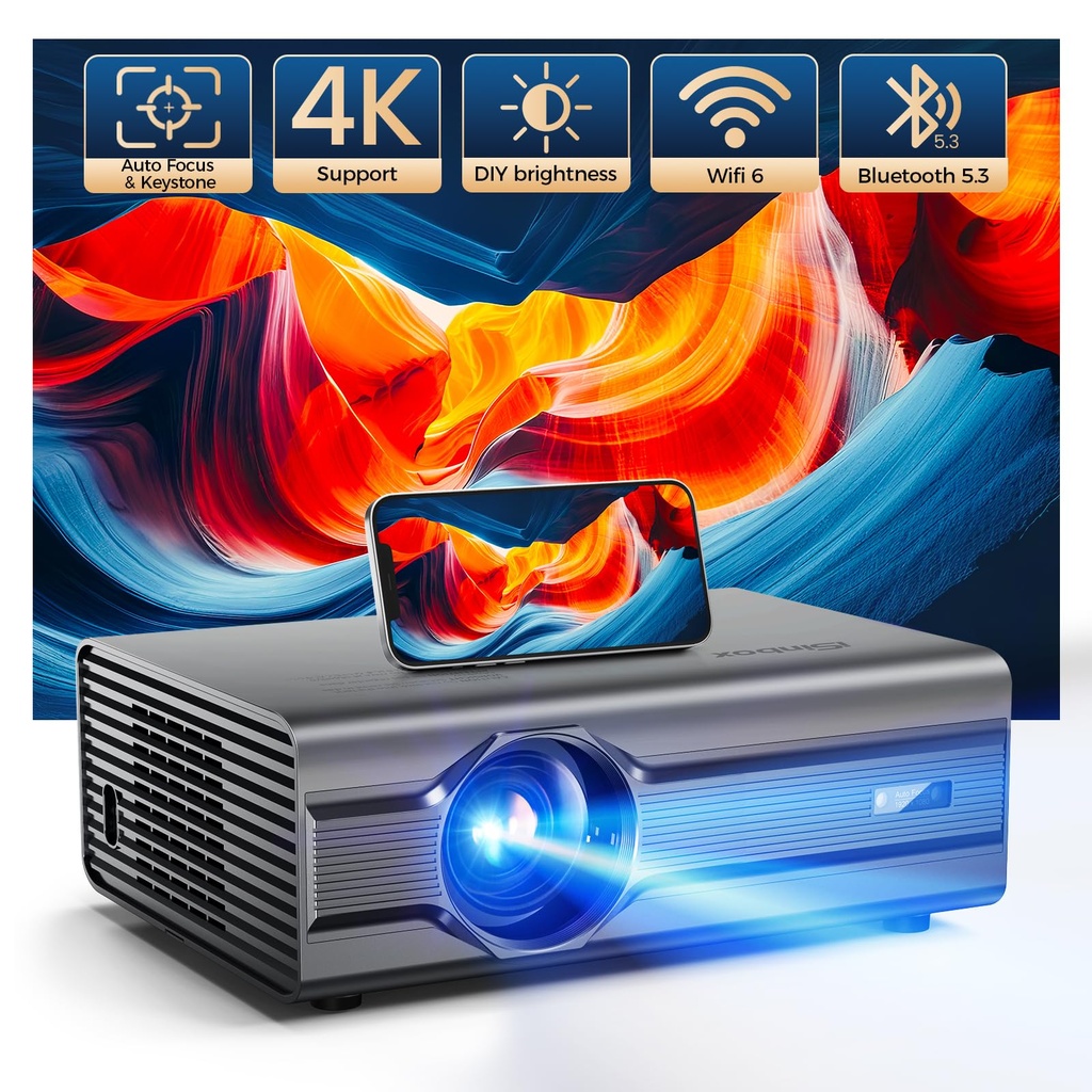 Auto Focus & Keystone Projector, 4K Projector with WiFi 6 Bluetooth 5.3, iSinbox 26