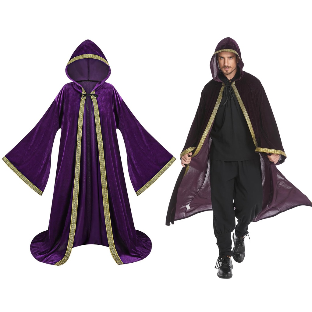 maxToonrain Mystic Wizard Robe Full Length Hooded Velvet Cloak Wide Sleeve Style Adult Medie