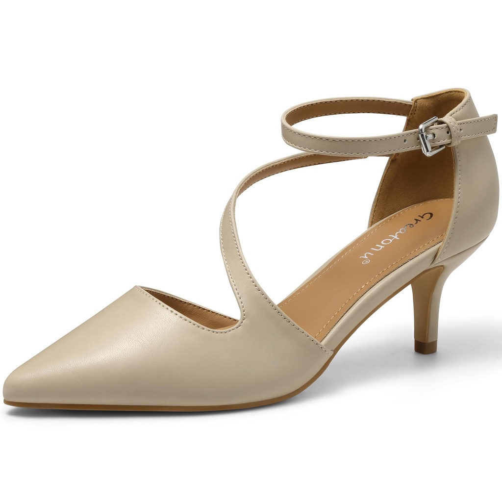 Greatonu Womens Court Shoes D'Orsay Ankle Strap Low Kitten Heel Dress Pumps Wedding Bridal