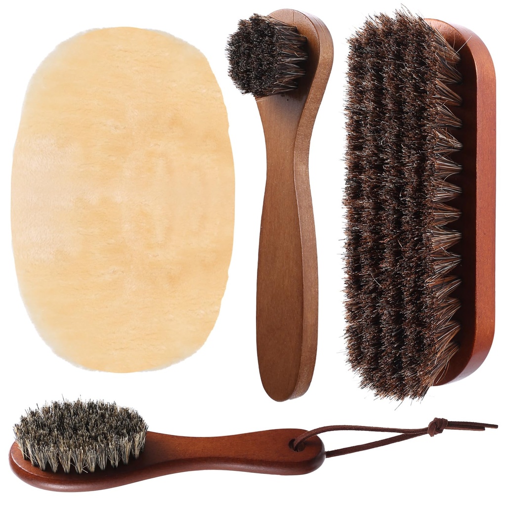 BieMian 4 Pcs Horsehair Shoe Brush Set, Soft Bristles Shoe Shine Kit, Shoe Cleaning Brushes