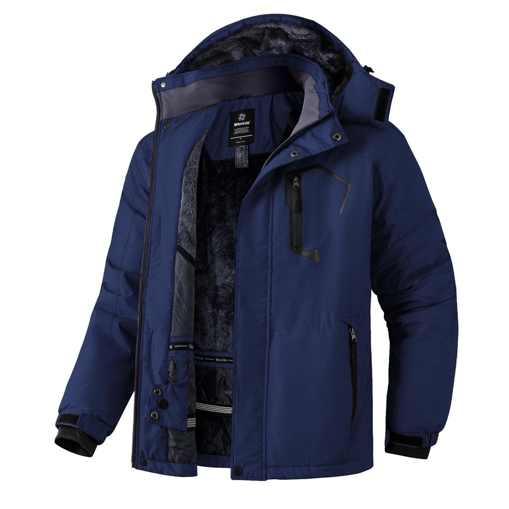 Wantdo Men's Warm Winter Jacket Mountain Ski Jacket Thermal Fleece Coat Outdoor Hooded Waterproof
