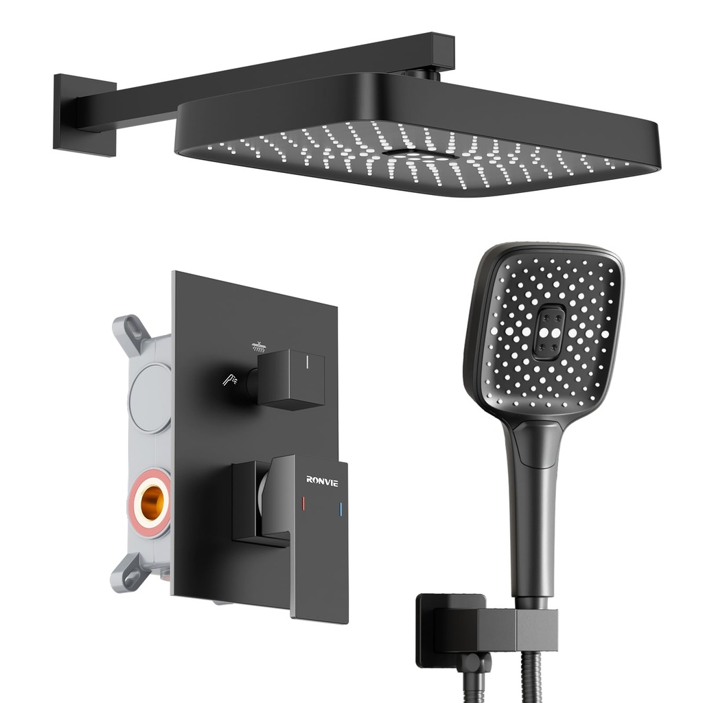 Ronvie Rainfall Shower Set - 13" Large Waterfall Shower Head with Self-Cleaning, 3 Spray Modes
