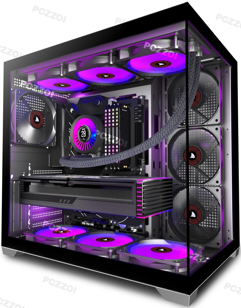 PCZZOI PC CASE ATX 5 Fans Pre-Installed, Type-C Mid Tower Computer Case with Full-View Dual