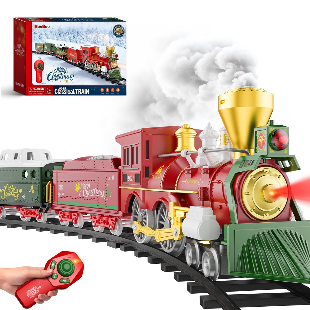 Hot Bee Christmas Train Set with Remote Control Train Toys w/Smoke, Lights & Sound, Christm