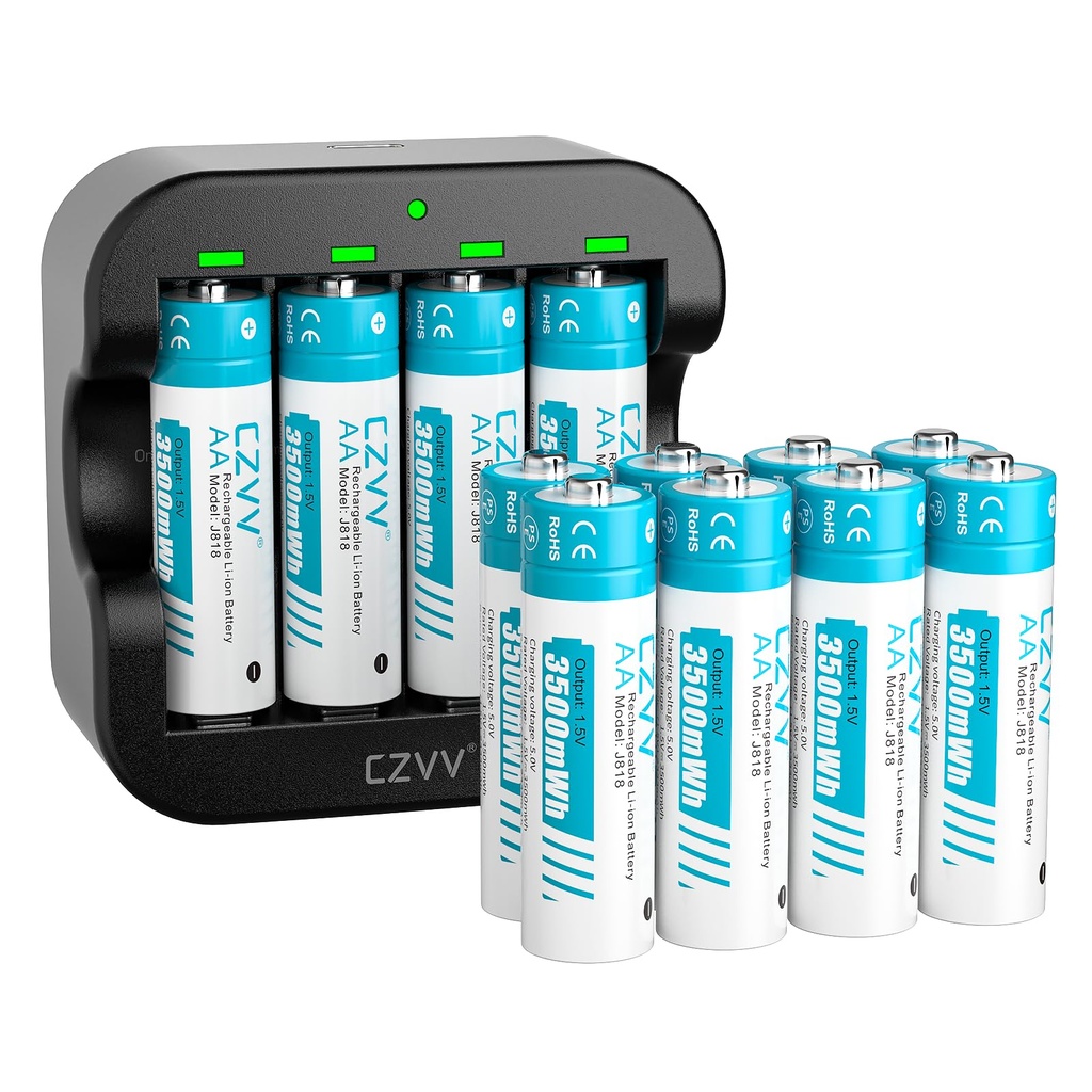 czvv Rechargeable AA Lithium Batteries 1.5V - High Capacity 3500mWh 4 Pack Battery with LCD
