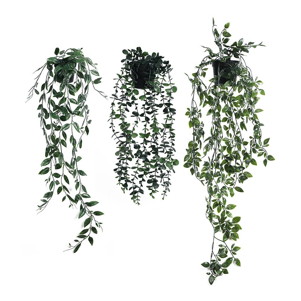 Airbirhom 3 Pack Faux Green Trailing Plants Indoor,Artificial Hanging Plants with Pot, Arti