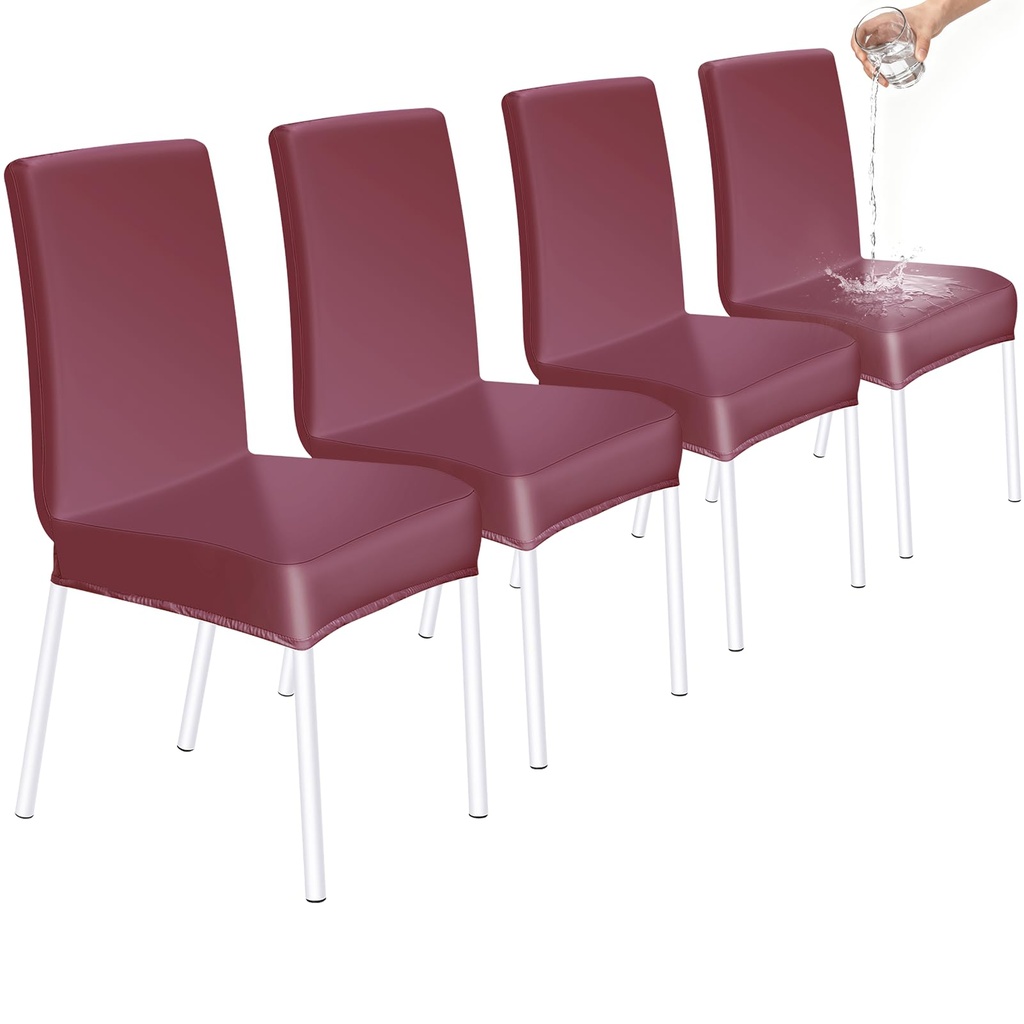 HOZKUY Stretch PU Dining Chair Covers Set of 4 Waterproof Faux Leather High Back Chair Slip