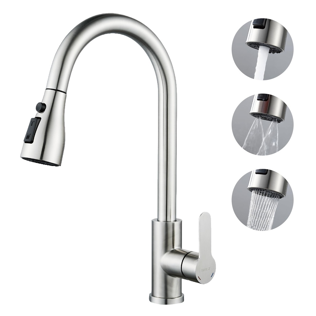 BELZ Kitchen Tap, Chrome Kitchen Mixer Tap with Pull-Out Sprayer, 3 Spray Modes, 360° 