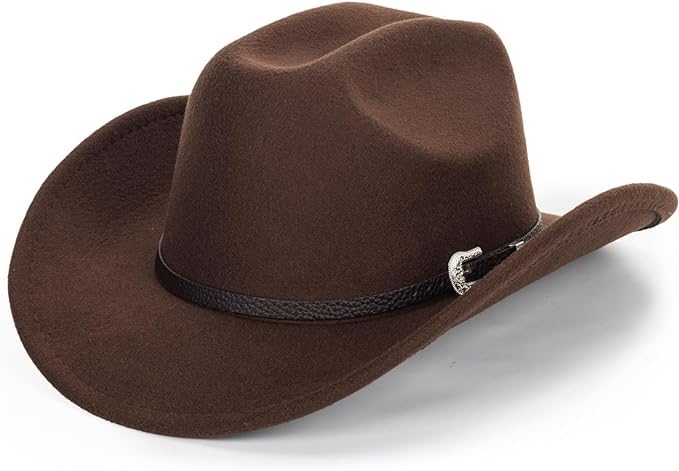 Women-Men Classic-Western Cowboy-Hat - Wide-Brim Pu Leather Cowgirl Cap Fedora Hats with Bu