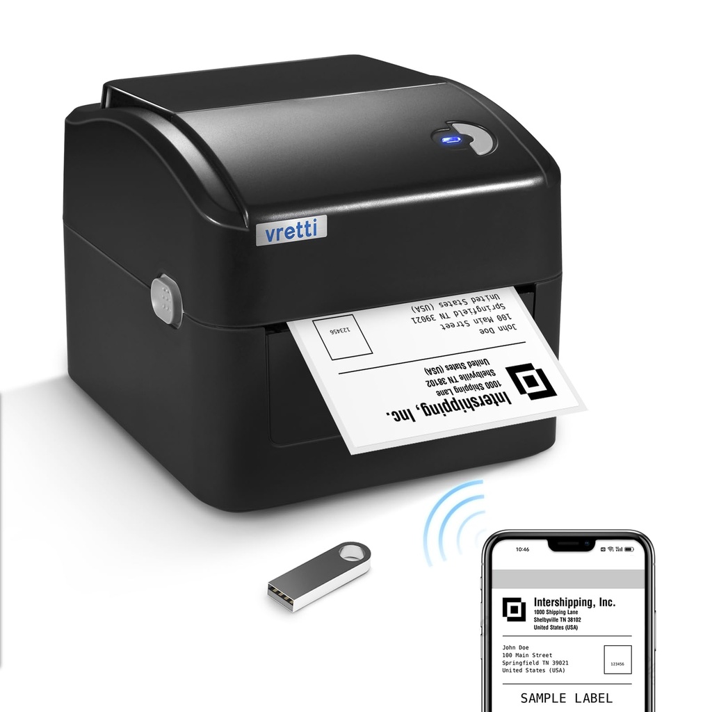 vretti Thermal Label Printer 4x6, Built-in Large label Tray, WiFi & USB for Royal Mail, Vin