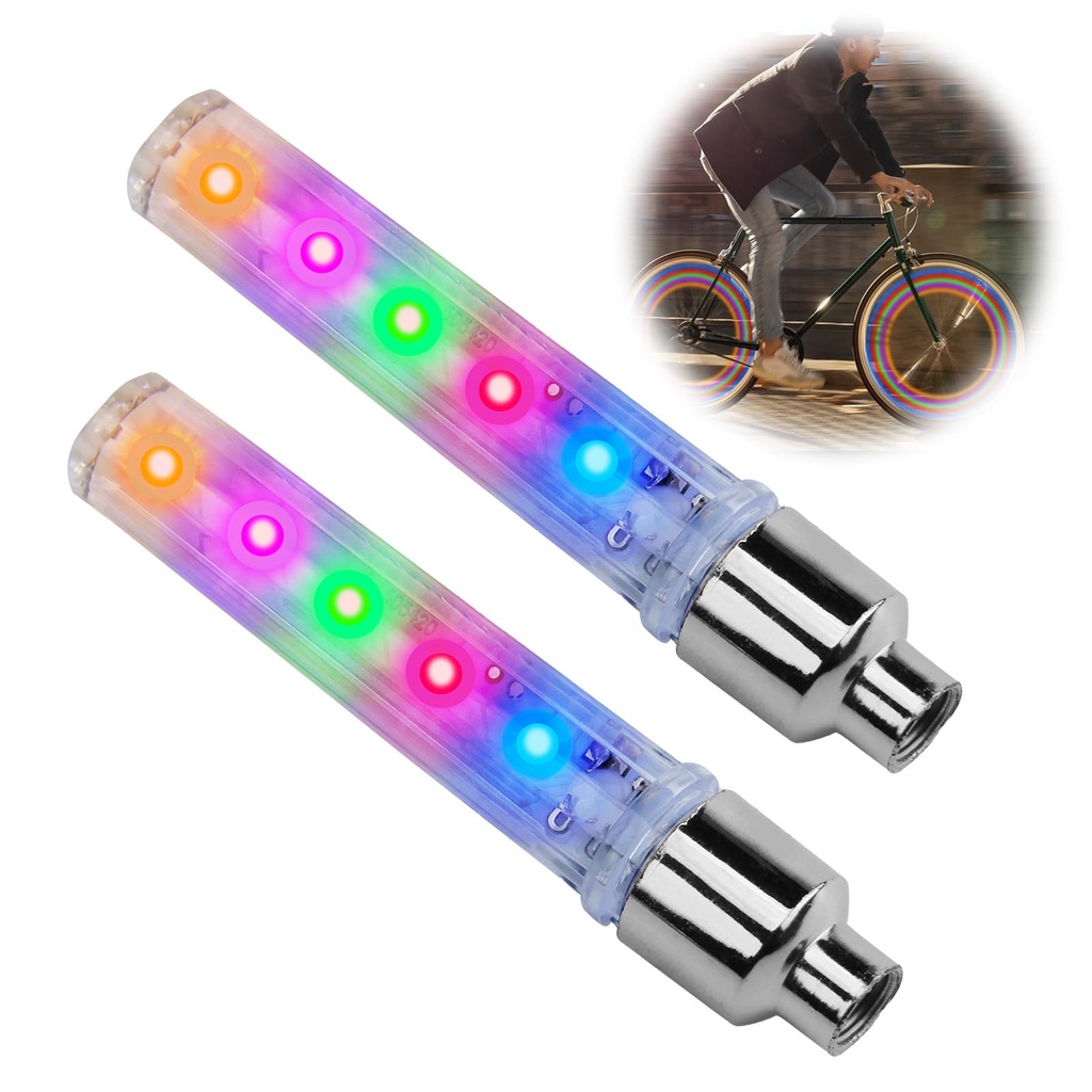 2 Pack Bike Wheel LED Lights 5 Neon Flashing Tire Valve Spoke Lights with 7 Model Cycling A