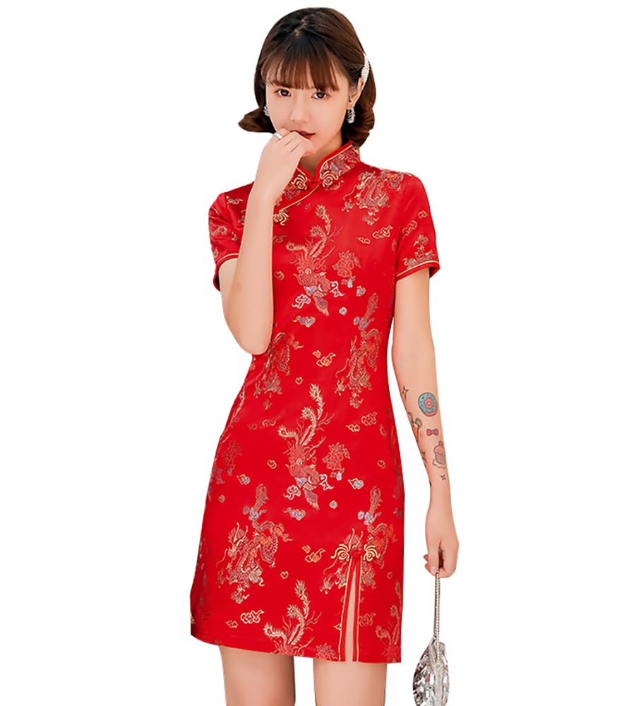 ZNLFS Women's Cheongsam Dress Bodycon Mandarin Collar Short Sleeve Slim Fit Side Slit Floral