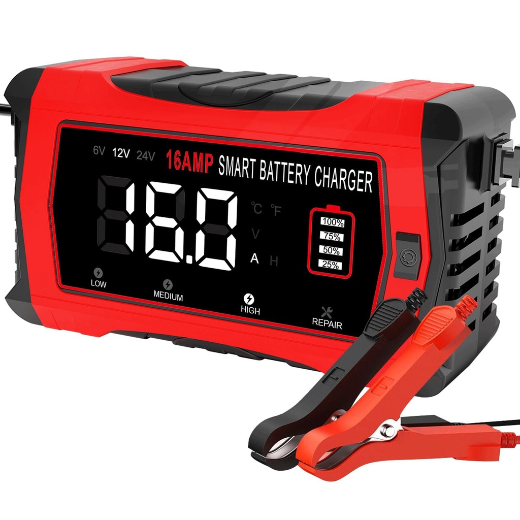 HTRC 16A Car Battery Charger 6V/12V/24V, Trickle Charger LiFePO4 Battery Charger with 10-Sta