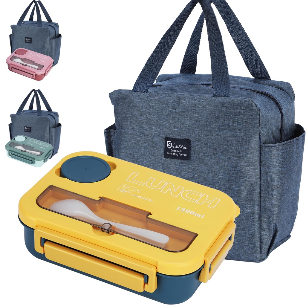 SUPPRUI Bento Lunch Box,1300ml Lunch Box Adults Kids, Bento Boxes with Bag, 4 Compartments 