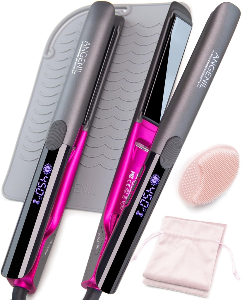 ANGENIL Titanium Hair Straighteners for Women, Heat Mat Hair Straightener, Dual Voltage Fla