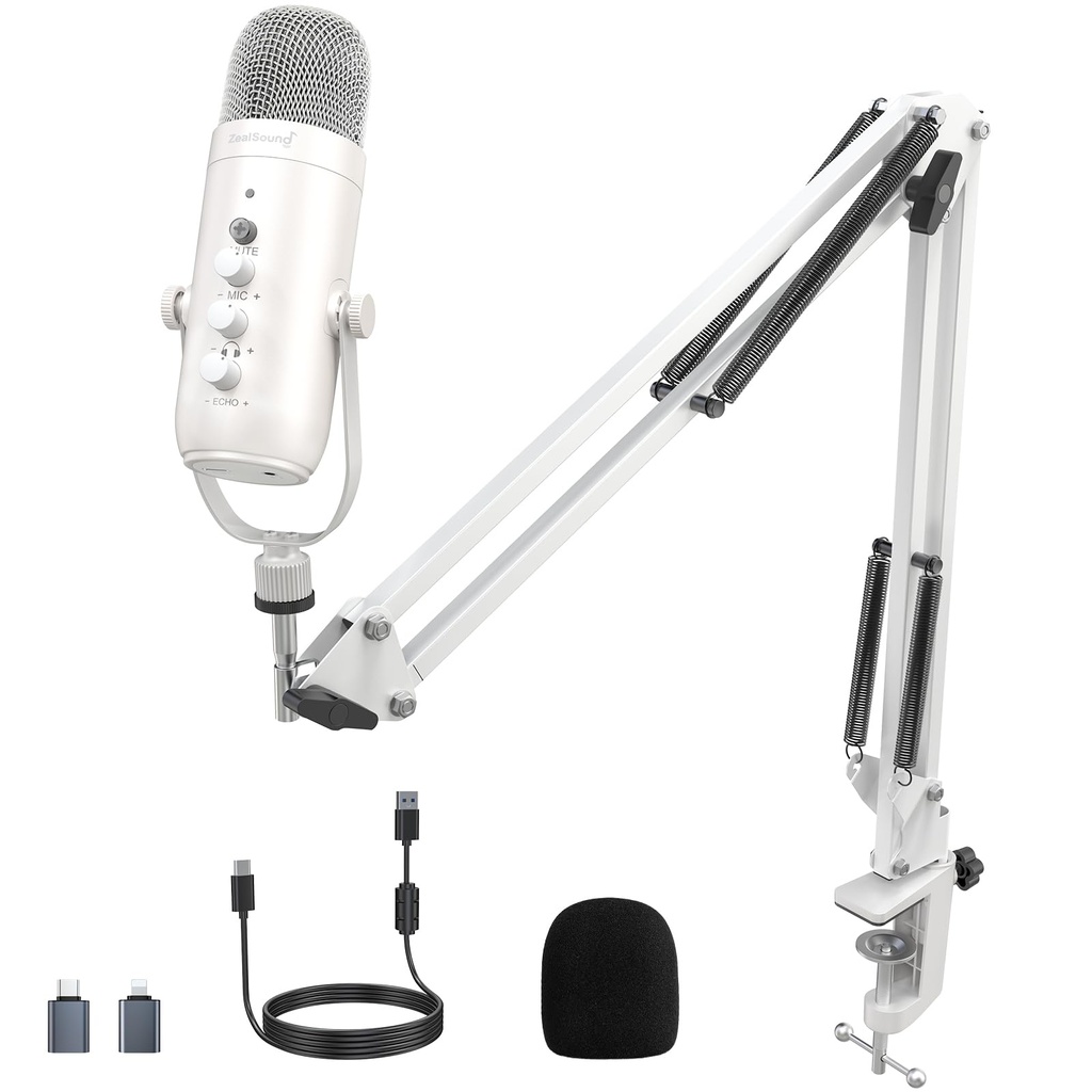ZealSound USB Microphone Kit, k66 Pearly White Podcast mic for iPhone, PC, PS4/5