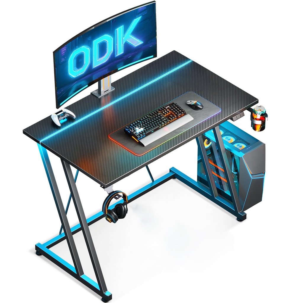 ODK Gaming Desk with LED Lights, Gaming Table with Cup Holder and Headphone Hook, Double Z F