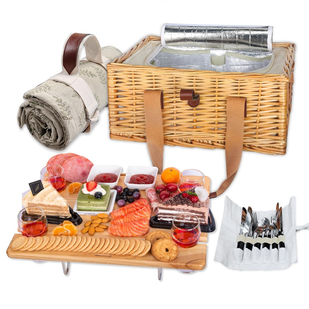 Hap Tim 4 Person Wicker Picnic Basket with Mini Folding Wine Picnic Table Large Cooler Bag