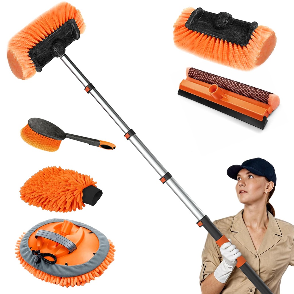 SISUPASSIE 4.8m Car Wash Brush Long Handle, Car Cleaning Brush Kit with Soft Bristle Brush,