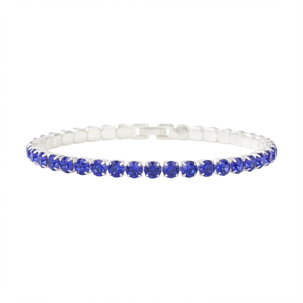 Silver-Tone Blue Rhinestone Bracelet, Sparkly Crystal-Style Line Bracelet, Slim Fashion Cos