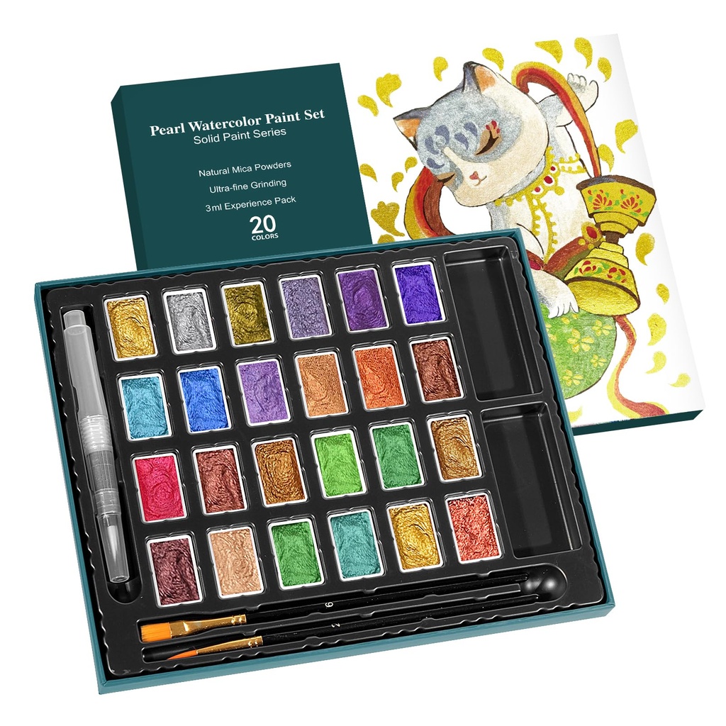 CraftyManor 3ml Glitter Watercolor Paint Set with Paper, 24 Colors Shimmer Metallic Watercol