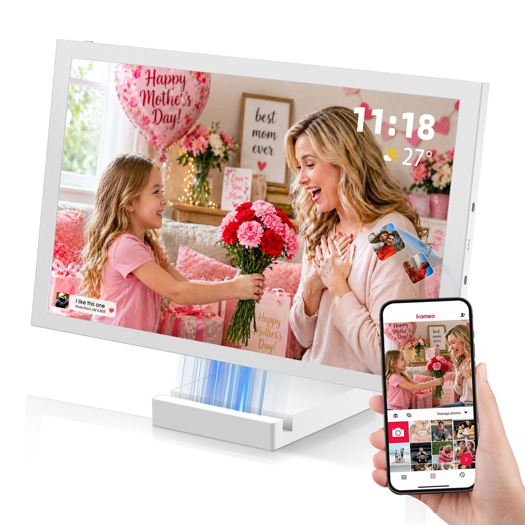 64GB Digital Photo Frame WiFi, 5000mAh Wireless Photo Frame with Wireless Charging Base