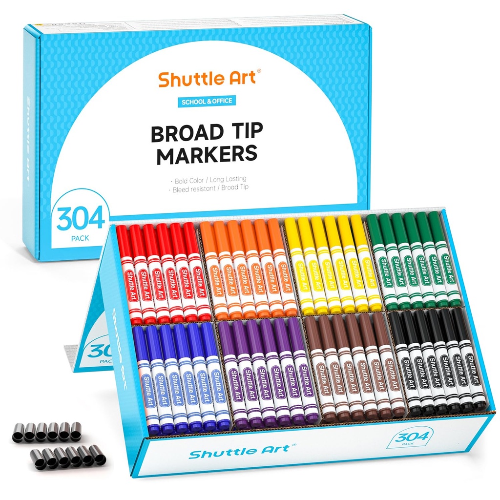 Shuttle Art 304 Pack Washable Felt Tip Colouring Pens for Kids, 16 Colours Broad Line Marke