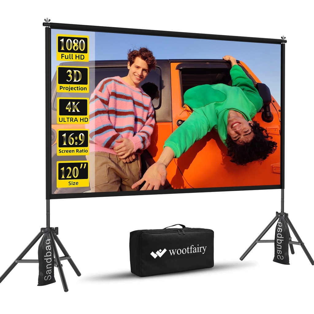 Projector Screen with Stand, Wootfairy 120 inch Portable and Foldable Indoor Outdoor Project