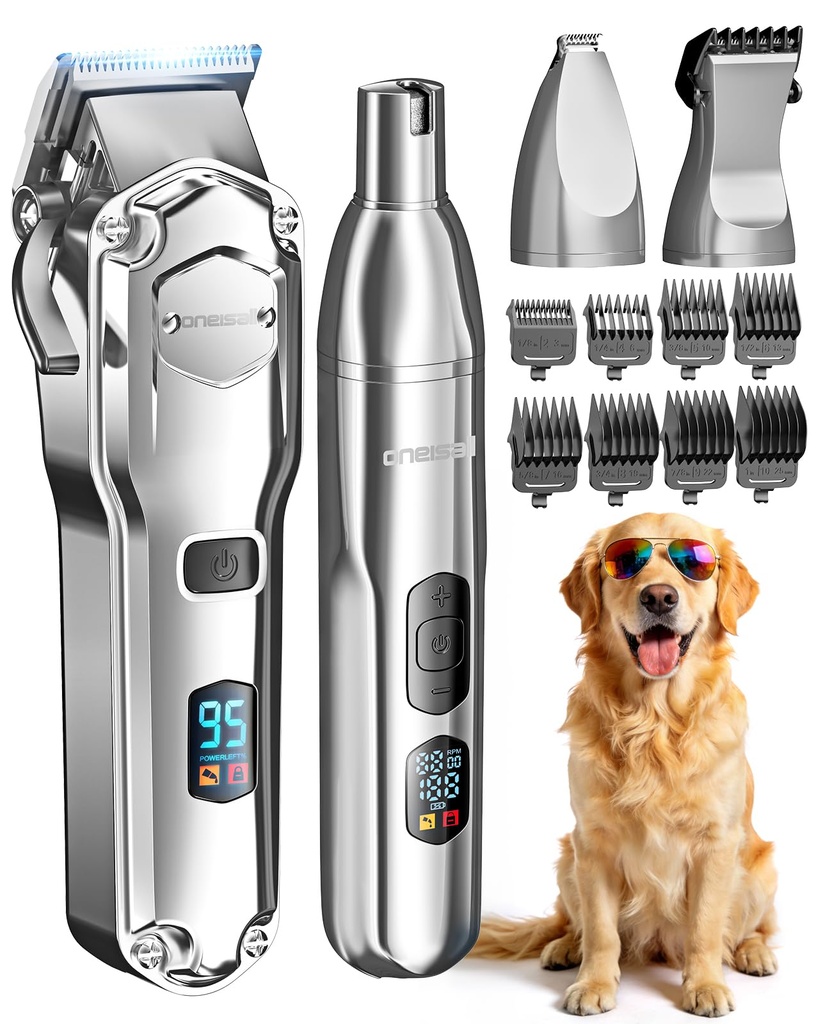 oneisall Dog Grooming Kit 4 in 1, Dog Clippers for Thick Hair with Stainless Steel Blade, Si