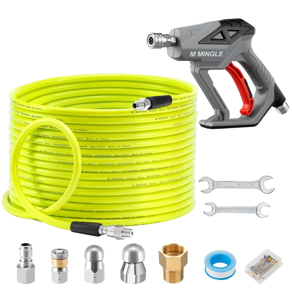 M MINGLE Sewer Jetter Kit for Pressure Washer 150 FT, Drain Cleaner Hose with Power Washer 