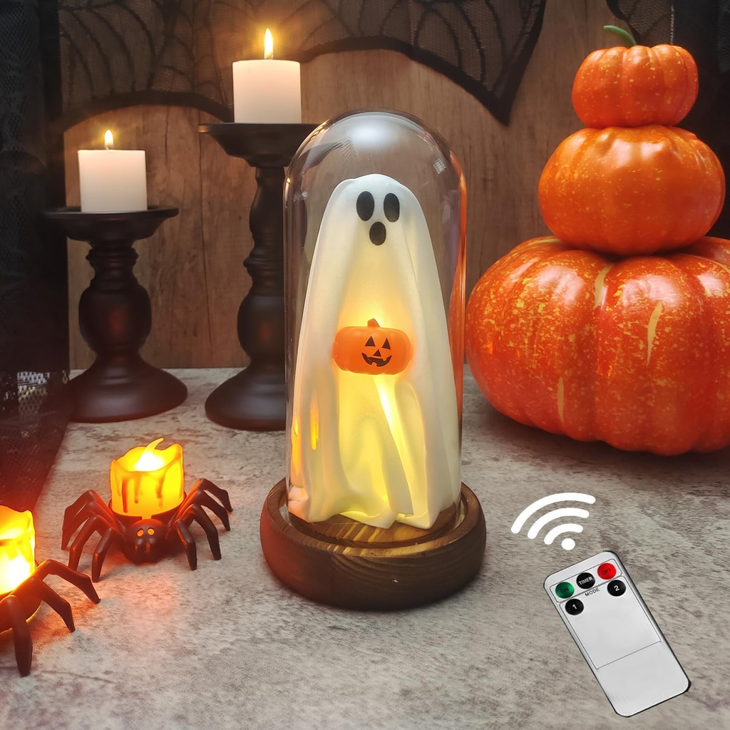 Halloween Decorations Indoor-Light Up Ghost in Glass Cloche-Cute Ghost with Light for Home