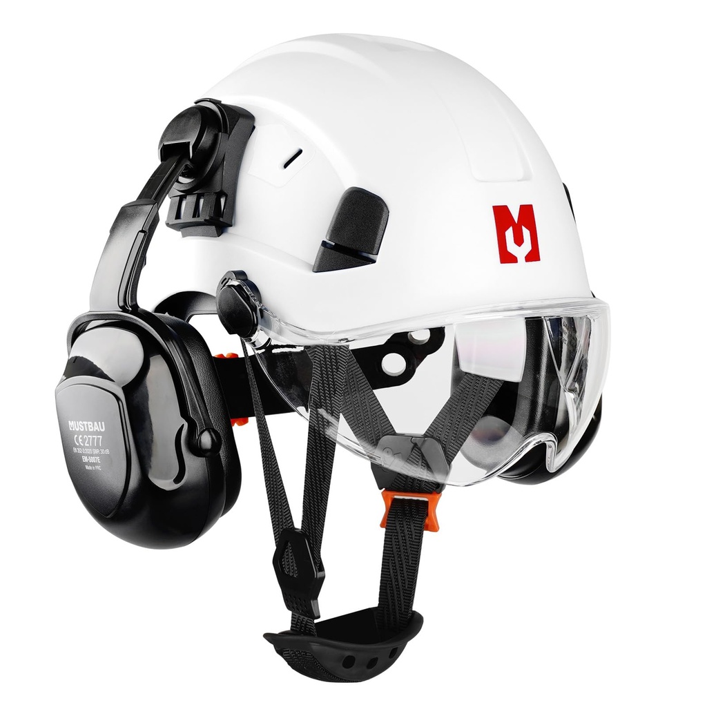 Mustbau Construction Hard Hats Ventilated Safety Helmet with Clear Visor,Hearing Protection,