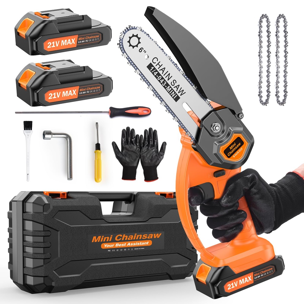 Mini Chainsaw 6 inch Cordless, 21V/2Ah Battery Powered Chain Saw for Branch Pruning with 2 B