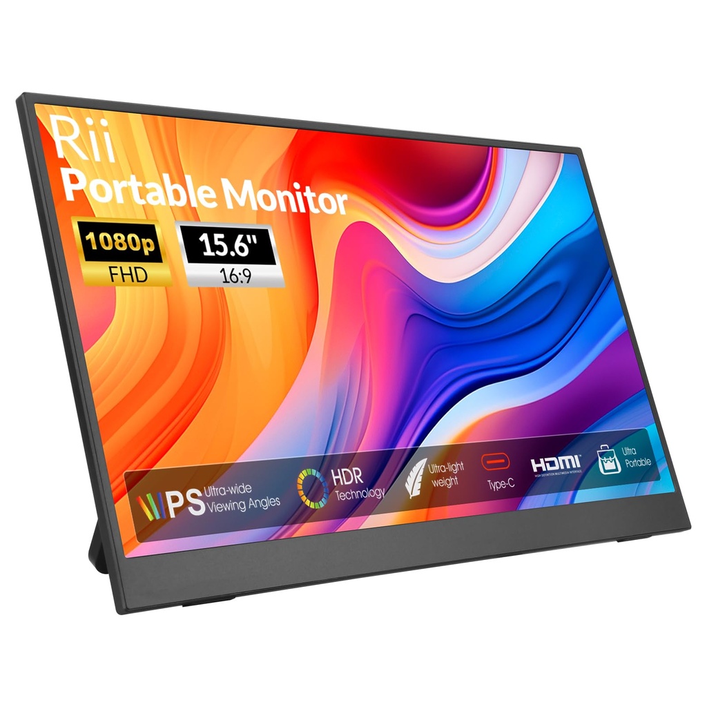 Rii Portable Monitor, 15.6 inch 1080P FHD IPS Display with Cover, Ultra-Slim USB-C HDMI 