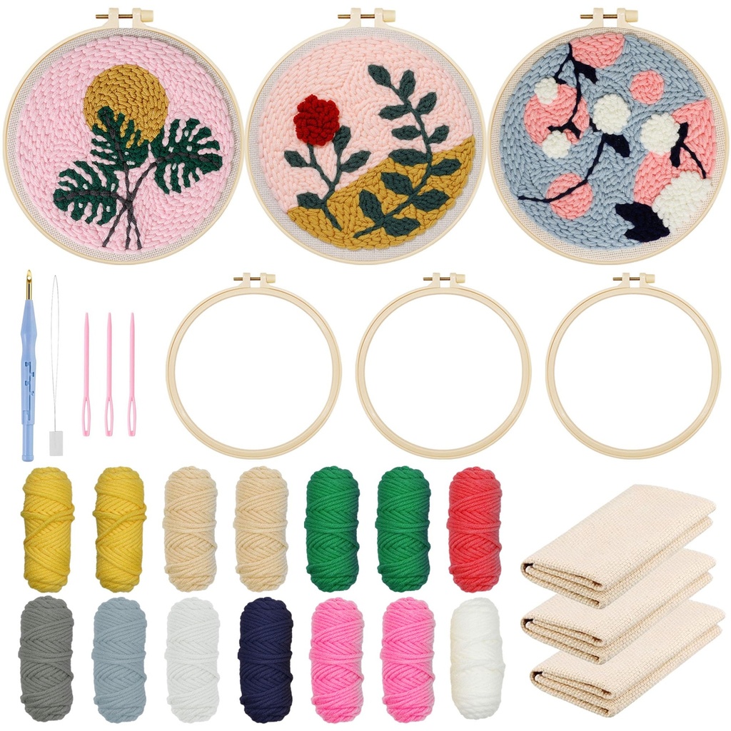 Allazone 3 Set Punch Needle Embroidery Starter Kits, DIY Craft Kits with Flower and Plants