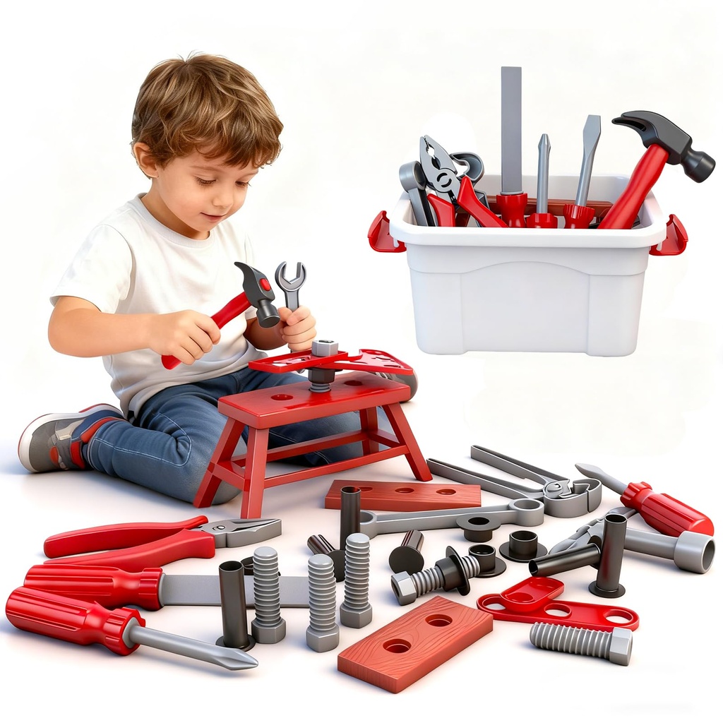 Kids Tool Set with Tool Box, DIY Construction Pretend Role Play Toys, Gift for Boys Girls A