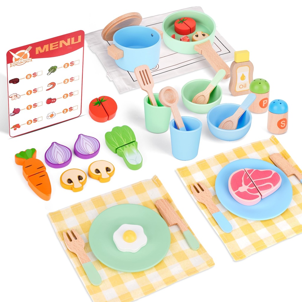 Wooden Play Kitchen Set for Toddlers, 35Pcs Realistic Pretend Play Food Toys with Steak/Egg
