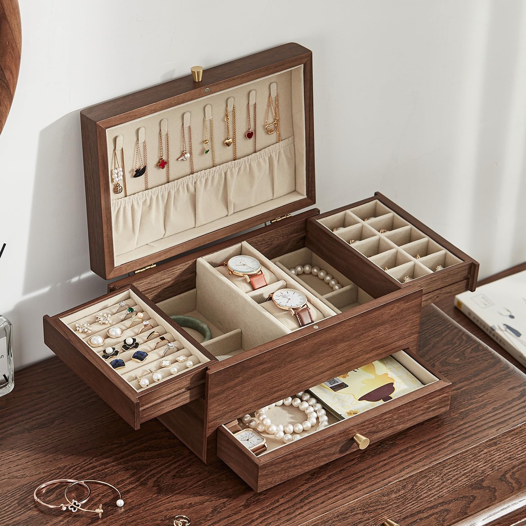 Homruilink Wooden Jewellery Box for Women, 3 Level Multi-functional Drawers Black Walnut 
