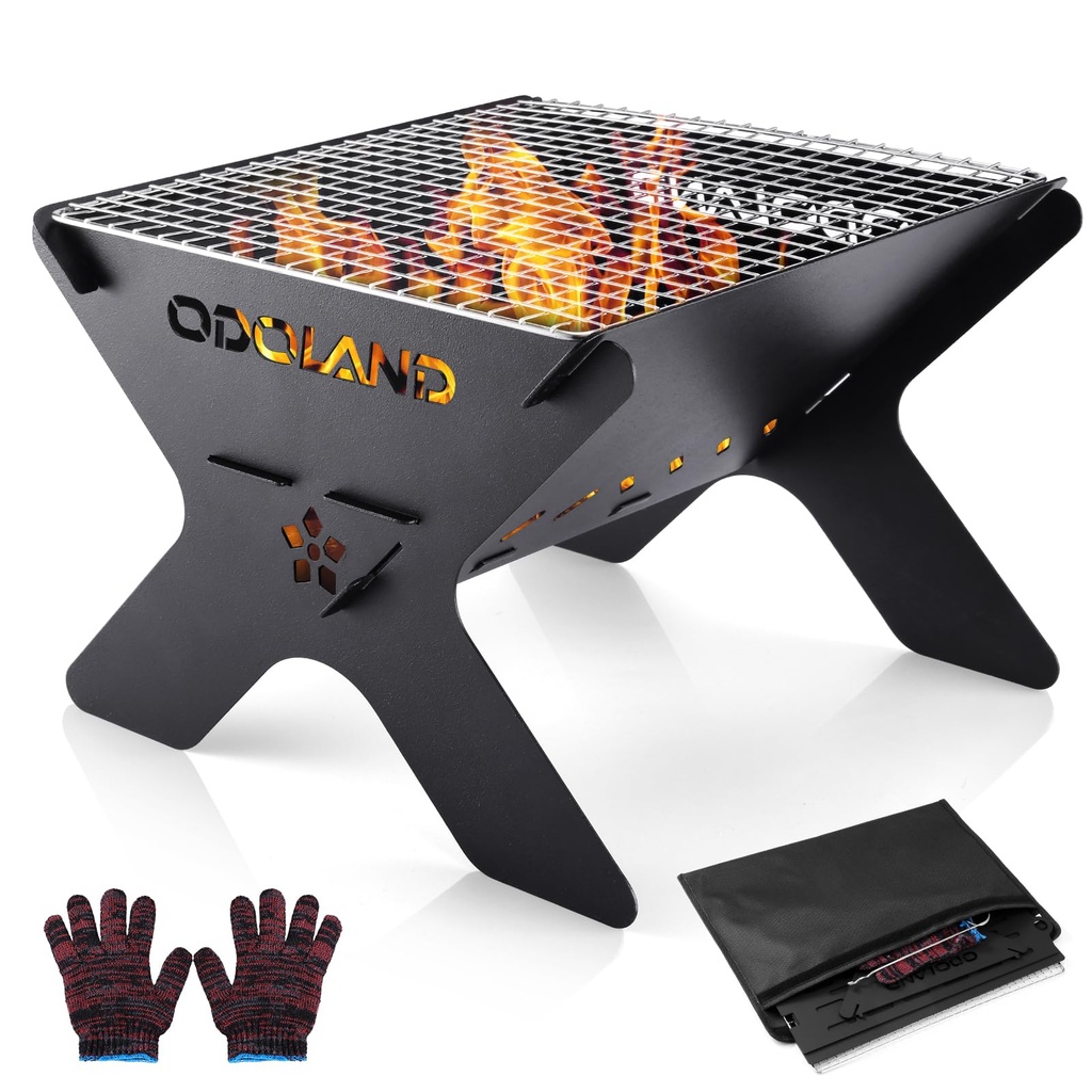 Odoland Camping Fire Pit, Portable Fire Pit for Camping, 2 in 1 Wood Burning Fire pit Grill