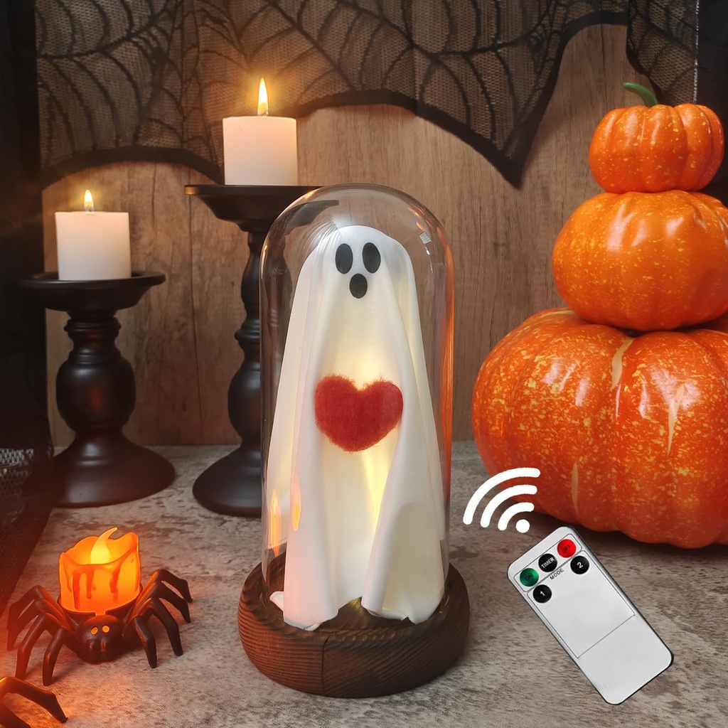 Halloween Decorations Indoor-Light Up Ghost in Glass Cloche-Cute Ghost with Light for Home
