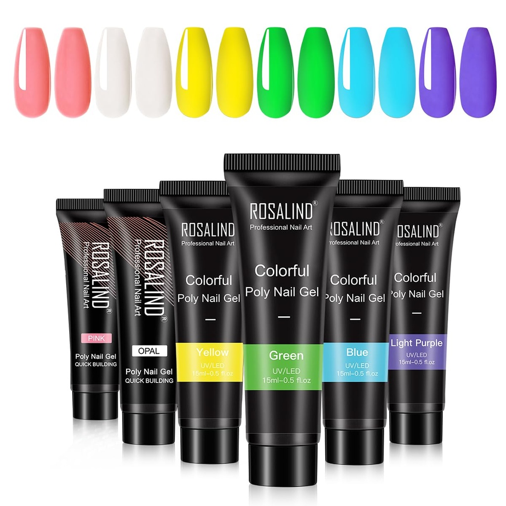 ROSALIND Neon Poly Nail Gel Kit 6 Colors 15ml Green Yellow Blue White Pink and Purple Nail
