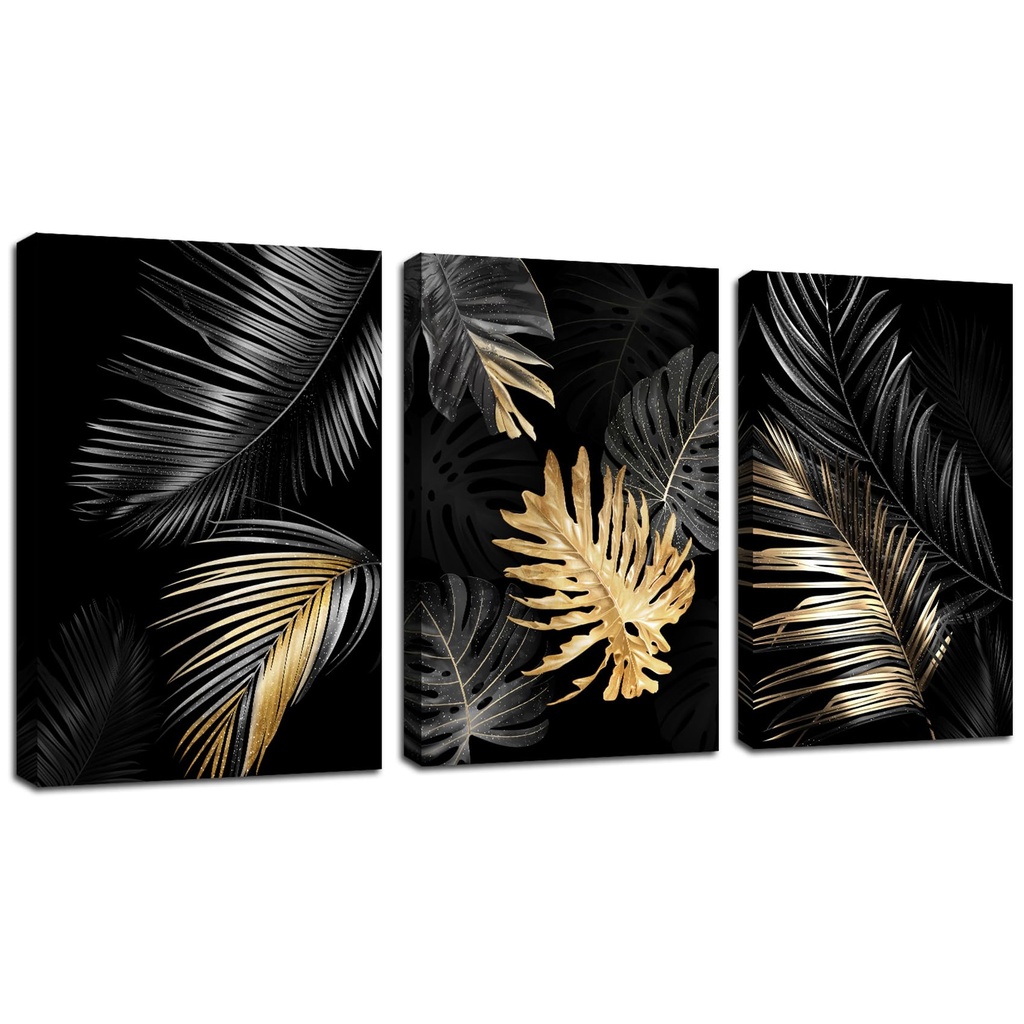 3 Panels Framed Canvas Wall Art Black Gold Tree Leaves Picture Printed Poster Botanical Tro