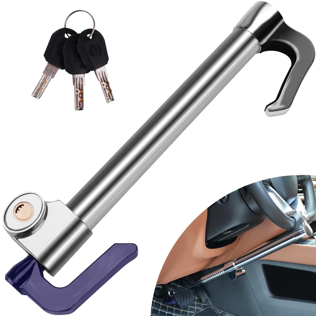 Tevlaphee Steering Wheel Lock, Car Break Pedal Lock, Retractable Hook, Universal, Heavy Duty