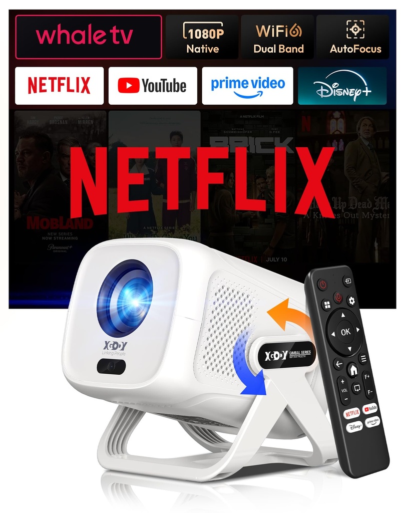 Compatible with Netflix & AI Autofocus Xgody Mini Projector Native 1080P 4K