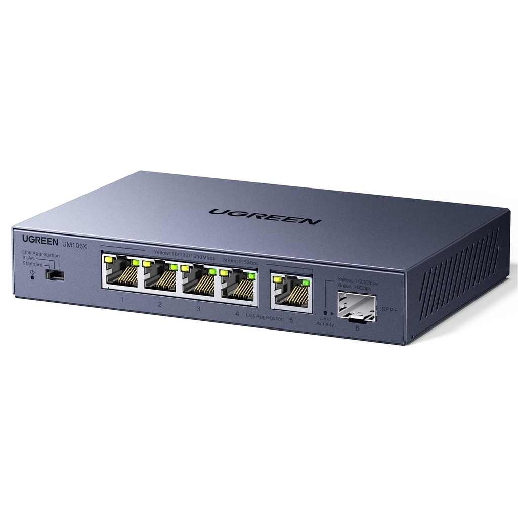 UGREEN 2.5Gbps Network Switch, 5 x 2.5Gbps Base-T& 1 x 10Gbps SFP+ Slot Ethernet Splitter,