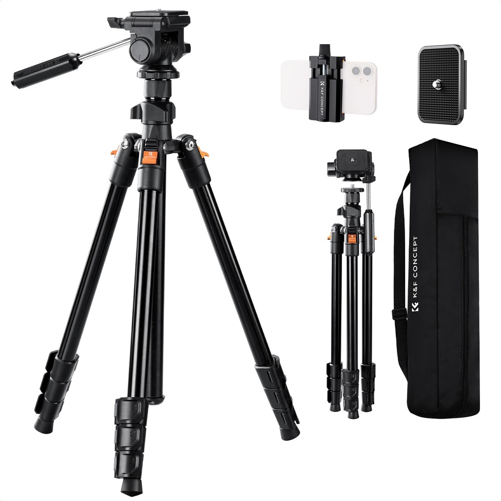 K&F CONCEPT 77"/196cm Video Tripod, Lightweight Travel Tripod with 3-Way Swivel Pan Tilt He