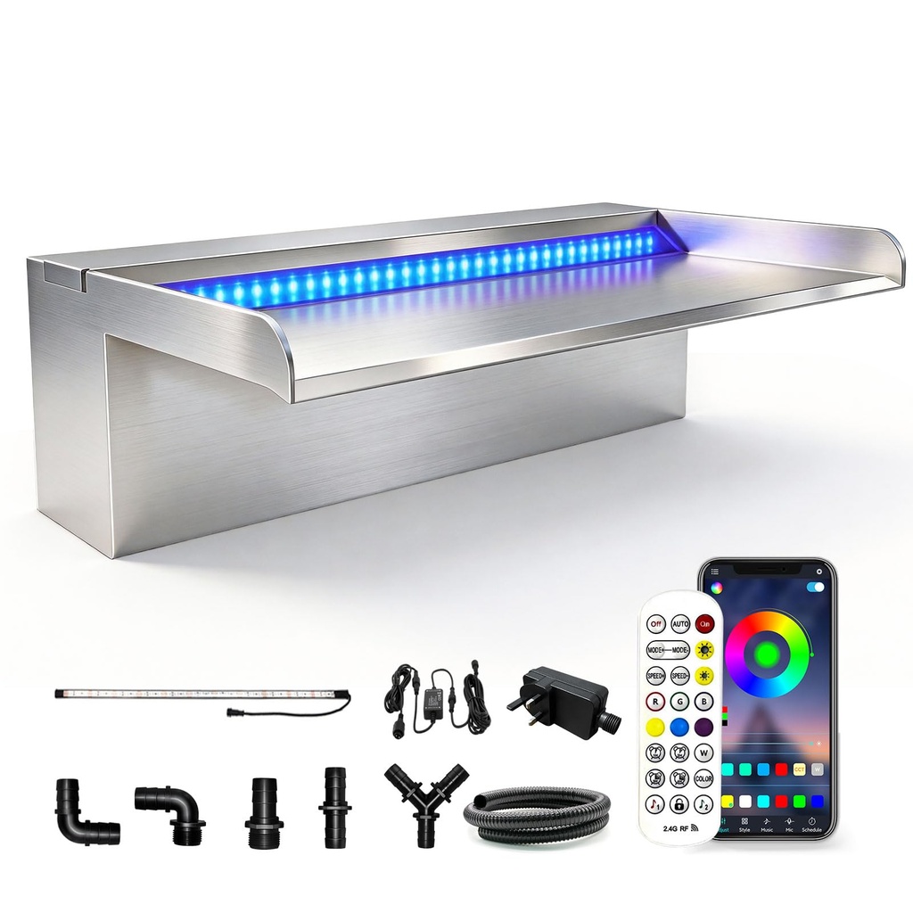 LONGRUN 30cm Pond Waterfall Blade with Bluetooth RGB LED Light, Stainless Steel Complete Wa