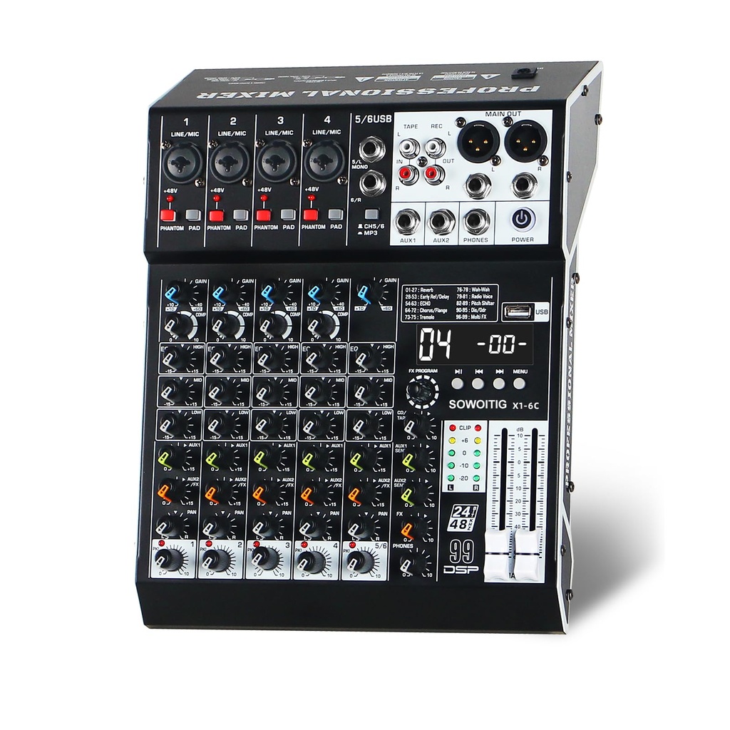 SOWOITIG Audio Mixer 6 Channel Professional Sound Mixer Console with 99 DSP Effects, Mixing