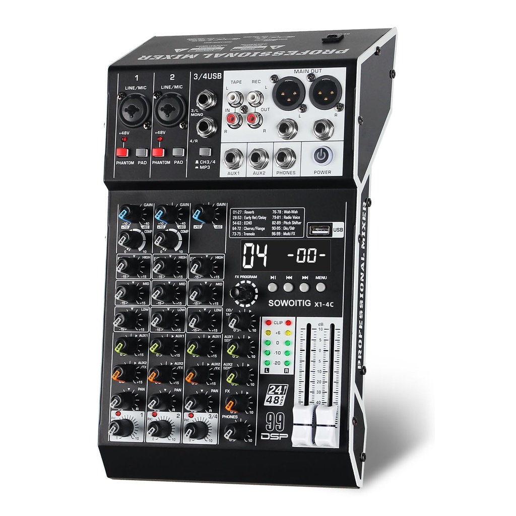 SOWOITIG Audio Mixer 4 Channel Professional Sound Mixer Console with 99DSP Effects, Small M